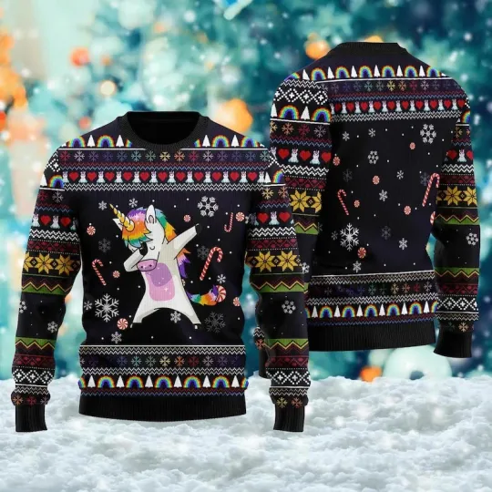 Discover Dabbing Unicorn Ugly Christmas Sweater Funny Rainbow Holiday Jumper Unisex