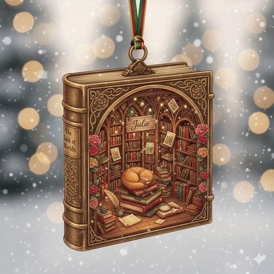 Book Lover Christmas Acrylic Ornament, Christmas Reading Room Ornament, Book Lover Gift, Book Club Ornament, Academic Bookish Ornament