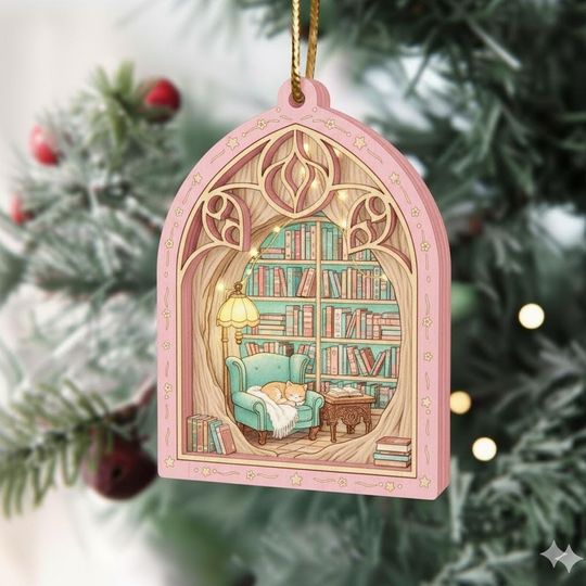 Book Lover Christmas Acrylic Ornament, Christmas Pink Bookshelf Ornament, Book Lover Gift, Book Club Ornament, Bookish Ornament