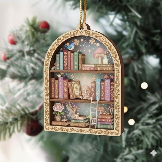 Book Lover Christmas Acrylic Ornament, Christmas Bookshelf Ornament, Book Lover Gift, Book Club Ornament, Bookish Ornament
