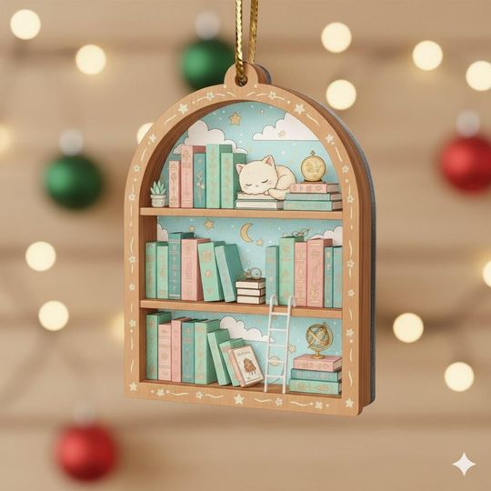 Book Lover Christmas Ornament, Christmas Bookshelf Ornament, Christmas Tree Book Gift, Book Lover Gift, Book Club Ornament, Bookish Ornament