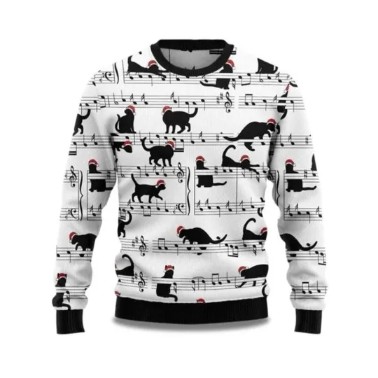 Black Cat Christmas Music Ugly Christmas Sweater, Christmas Gift