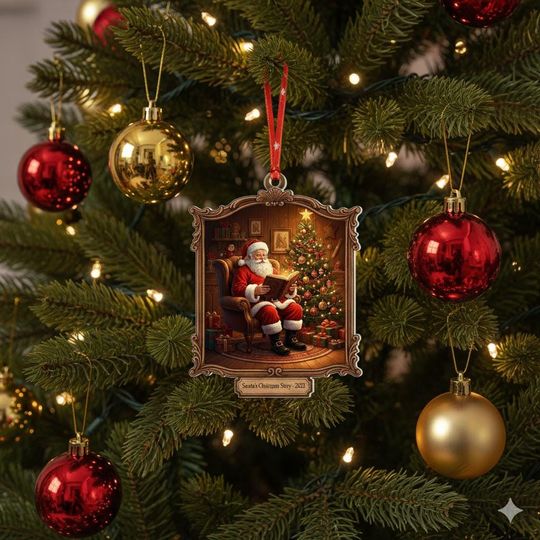 Discover Custom Christmas Acrylic Ornament, Santa Book Christmas Ornament, Personalized Book Lover Ornament, Cozy Santa Reading Room House Keepsake