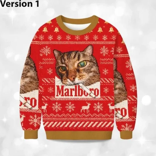 Funny Smoking Cat Meme Ugly Christmas Sweater, Holiday Party Jumper