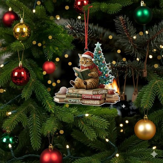 Book Lover 3D Acrylic Ornament, Personalized Cat Reading Book Christmas Gift, Bookish Cat Lover Keepsake, Cute Xmas Decor For Readers