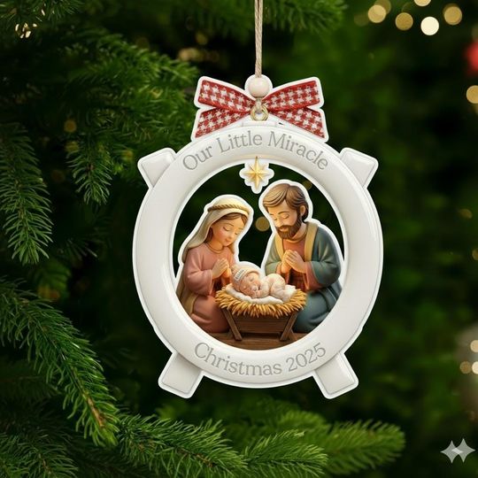 Discover Baby's 1st Christmas Acrylic Ornament, Family Custom 3D Acrylic Keepsake, Personalized Newborn Gift, Bible Nativity Baby Christmas Ornament