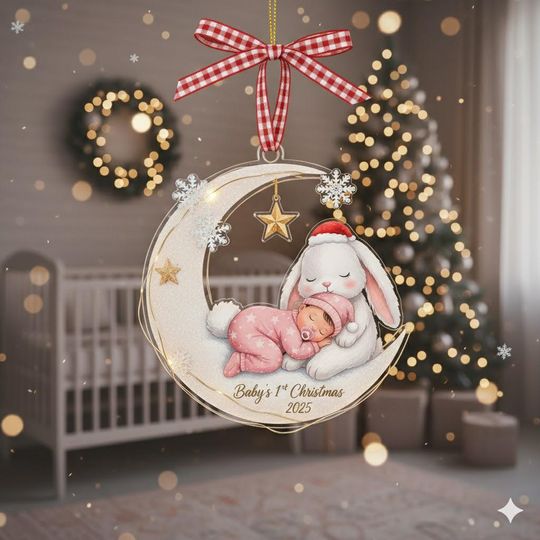 Discover Baby's First Christmas Ornament: Custom Acrylic Rabbit Moon Keepsake