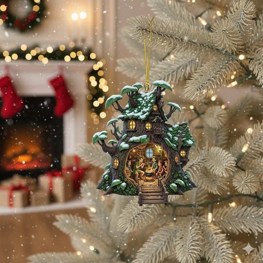 Discover Disney Christmas Acrylic Ornament, Peter Pan Neverland Hideout Christmas Ornament, Lost Boys Treehouse Winter Holiday Keepsake Gift