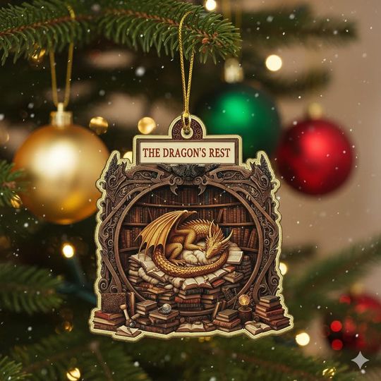 Personalized Christmas Acrylic Ornament, Family Christmas Tree Decor, Personalized Dragon Book Ornament, Fantasia Bookish Christmas Gift