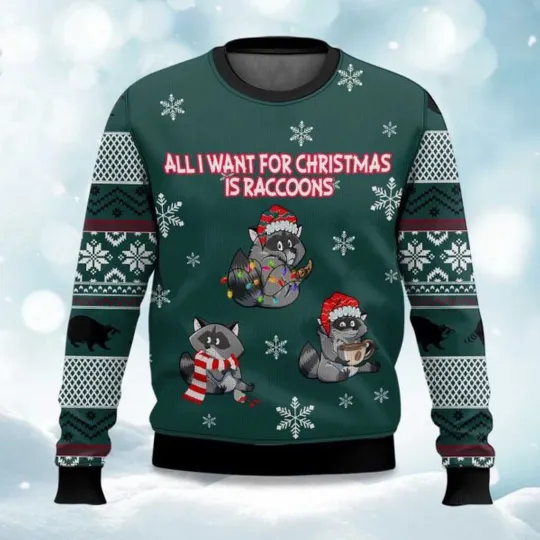 Discover 2025 Christmas All I Want For Christmas Is Raccoons Ugly Sweater