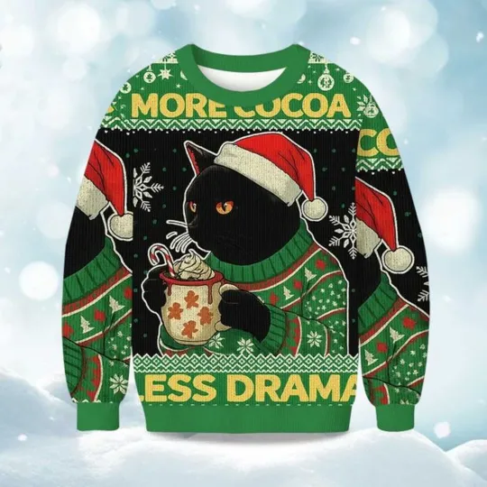 More Cocoa Less Drama Cat Meme Christmas Ugly Sweater, Christmas Gift