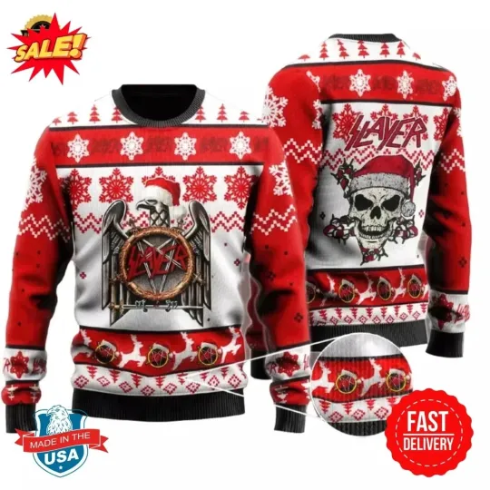 Discover Slayer Ugly Christmas Sweater - Heavy Metal Holiday Sweater with Skull SantaSlay