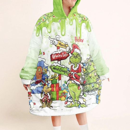 Discover Personalized Grin Fleece Blanket Hoodie, Custom funny character Christmas Blanket Hoodie, Christmas Whoville Blanket Hoodie, Grin Hoodie