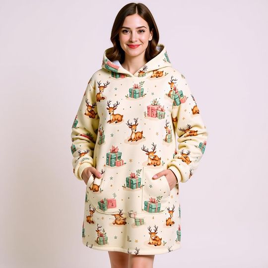 Discover Adult Reindeer Blanket Hoodie, 280g or 320g Flannel Oversized Christmas Hoodie, Cozy Holiday Loungewear Gift, Matching Family Outfit