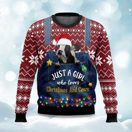 Discover Just A Girl Who Loves Christmas And Cows Ugly Christmas Sweater - Xmas Gift 2025