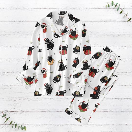Discover Black Cat Christmas Pajamas Set, Cat Mom Holiday Pajama, Kitten Xmas Pjs For Women Kids