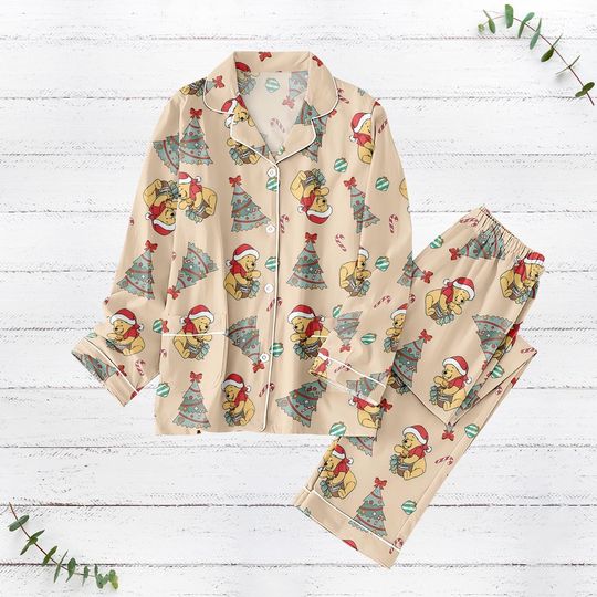 Santa Pooh Christmas Family Pajamas Set, Retro Winnie The Pooh Women Pajamas, Disneyland Trip Holiday Pajama