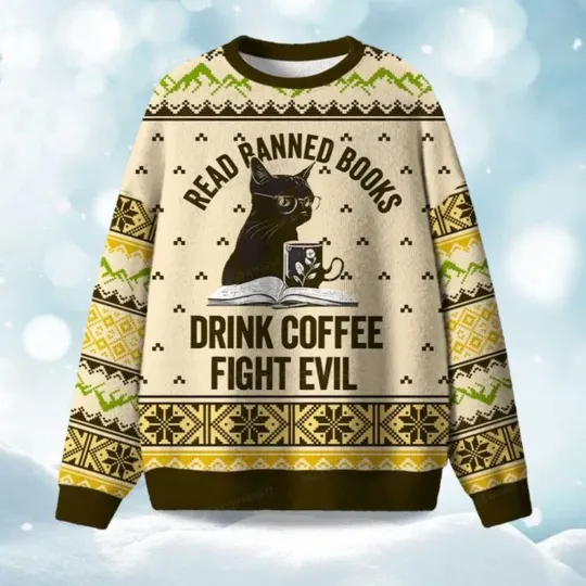 Discover Read Banned Books Drink Coffee Fight Evil Christmas Ugly Sweater 2025