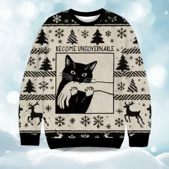 Become Ungovernable Black Cat Biting Christmas Ugly Sweater, Christmas Gift