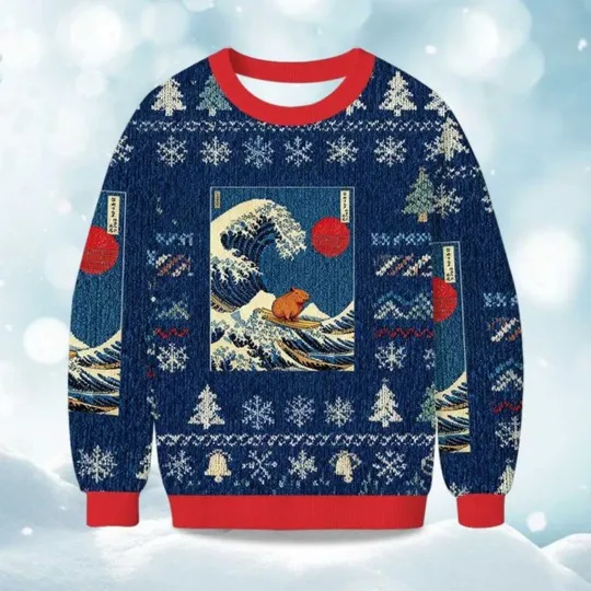 Discover 2025 Capybara Surfing Christmas Ugly Sweater - Christmas Gift for Men, Women