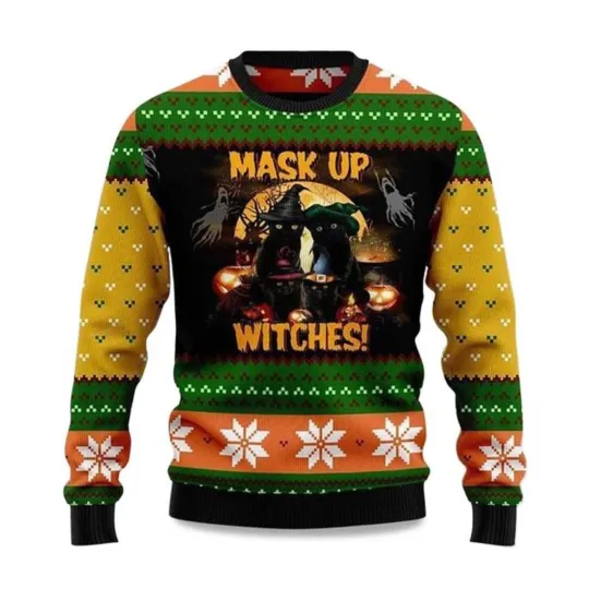 Discover 2025 Black Cat Mask up Witches Ugly Christmas Sweater - Chrismast Gift