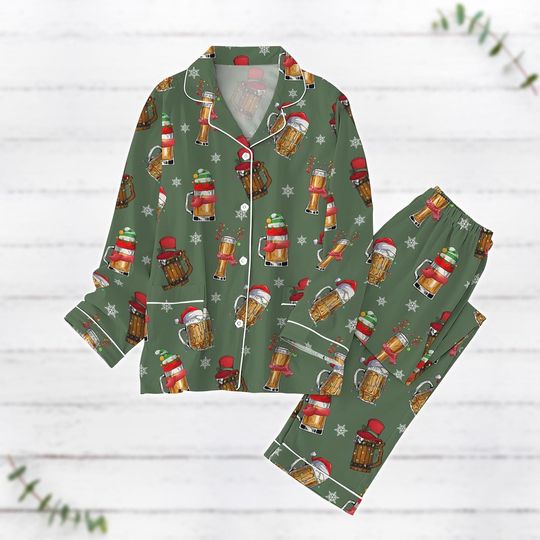 Christmas Beer Pajamas Set, Wine Glasses Xmas Pajamas, Drinking Holiday Pajamas, Christmas Lights Shirt