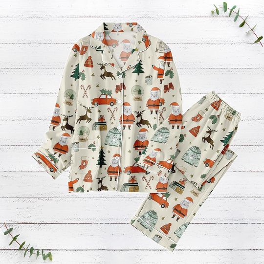 Discover Santa Claus Candy Canes Christmas Pajamas, Merry Christmas Pajamas Set, Retro Xmas Party Pajamas For Women Men Kids, Holiday Gifts