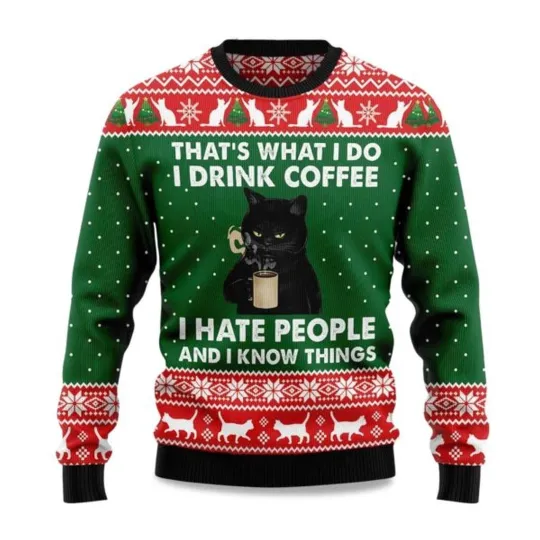 Discover Black Cat Drink Coffee Christmas Ugly Sweater