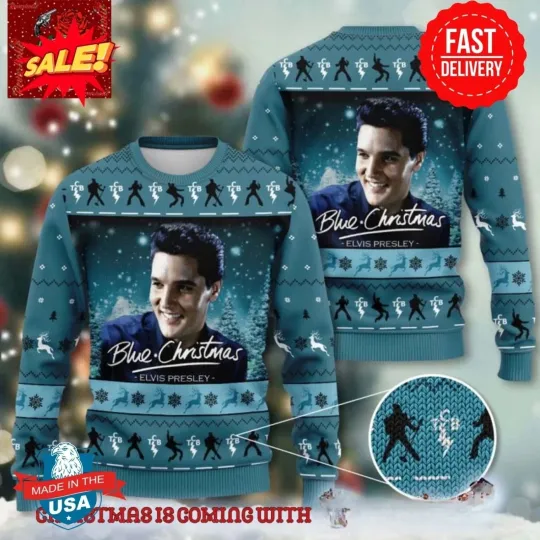 Elvis Presley Blue Christmas Snowflakes Pattern Holiday Ugly Christmas Sweater, Xmas Gift