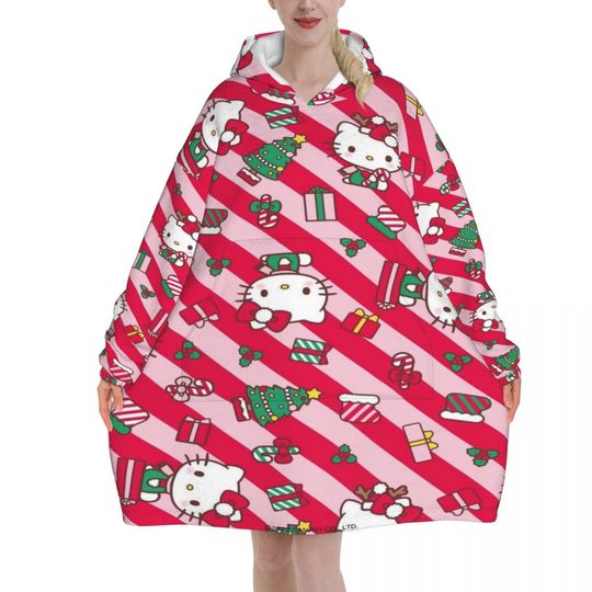 Discover Hellos Kittys Christmas Winter Snow Santa Blanket Hoodie Wearable Blanket Oversize with Pocket Warm Sleeping Bag Soft Cozy