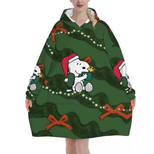 Discover Christmas Cartoon Snoopy Wearable Blanket Hoodie for Women Men Oversized Sweatshirt Blanket with Pocket