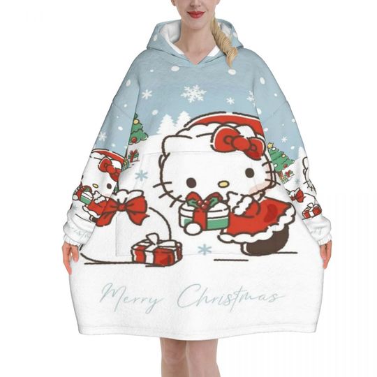 Discover Hellos Kittys Christmas Winter Snow Oversized Blanket Hoodie Sweatshirt Long Fleece Hooded Wearable Blanket with Large Pocket