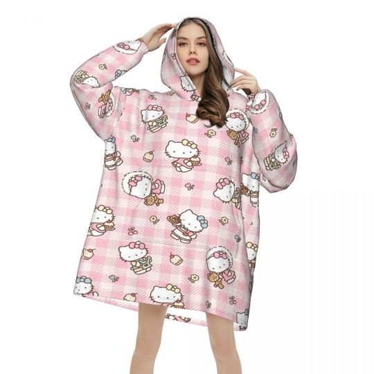 Discover Hellos Kittys Christmas Oversized Blanket Hoodie Sweatshirt Long Fleece Hooded Wearable Blanket with Large Pocket for Women Men