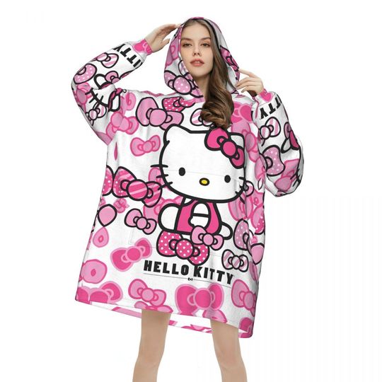Hello Kitty Red Cats Cartoon Blanket Hoodie, Wearable Hoodie with Pocket