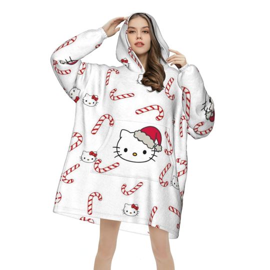 Discover Hellos Kittys Christmas Oversized Blanket Hoodie Sweatshirt Long Fleece Hooded Wearable Blanket with Large Pocket for Women Me