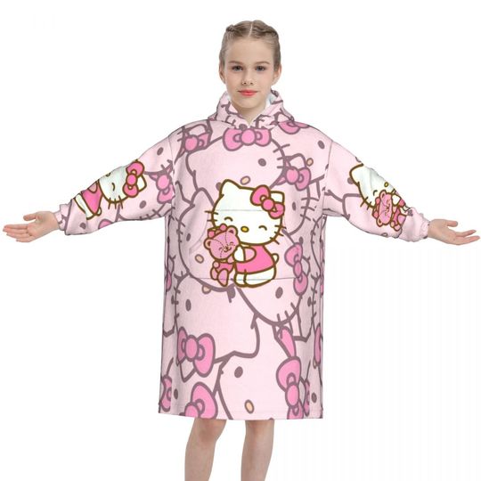 Discover Hello Kittys Kawaii Cats Wearable Blanket Hoodie for Kid Warm Cozy Oversize Blanket Sweatshirt with Pocket