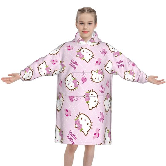 Hello Kitty Pajamas Blanket Hoodie Wearable Cartoon Sweatshirt for Children