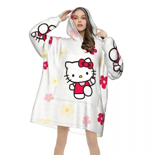 Discover Oversized Hellos Kittys Kawaii Wearable Blanket Winter Gifts for Women Men Ultrasoft Plush Warm Sweatshirt Blankets With Pocket