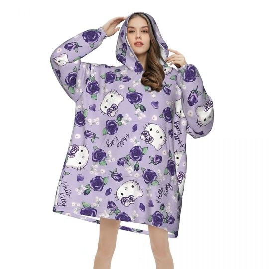 Discover Oversized Hellos Kittys Cartoon Wearable Blanket Gifts for Women Men Ultrasoft Plush Warm Sweatshirt Blankets With Pocket