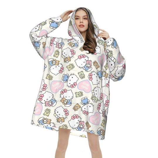 Discover Hellos Kittys Cartoon Wearable Blanket Hoodie for Women Men Oversized Sweatshirt Blanket with Pocket