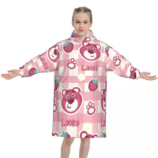 Lotso Pink Bear Blanket Hoodie Wearable For Girls Boys Onesie Blankets Warm Pajamas with Pocket