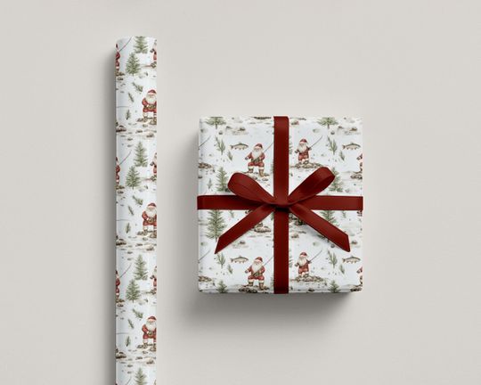 Discover Fishing Santa Wrapping Paper Rustic Christmas Gift Wrap with Santa Fly Fishing in the Snow