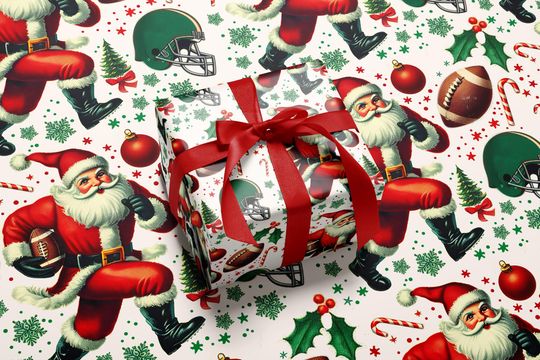 Discover Football Santa Christmas Wrapping paper, Sports gifts, Retro Holiday