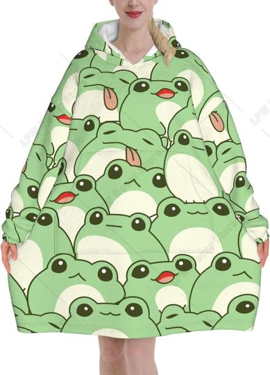 Discover Cute Frog Adult Blanket Hoodie with Pockets