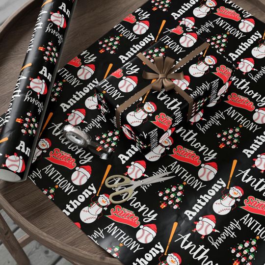 Discover Personalized Name Baseball Sport Christmas Wrapping Paper Roll, Custom Sporty Ball Holiday Season Black Gift Wrap Sheet Decorative Present