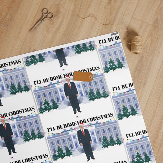 Discover Ill Be Home for Christmas Trump Wrapping Paper  Patriotic White House Holiday Gift Wrap with Lights & Santa Hat Theme