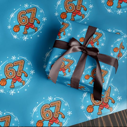 Funny 67 Christmas Wrapping Paper, Santa Meme Gift Wrap for Kids, Sport Basketball Blue Holiday Gift Wrap Roll,Hilarious Christmas Gift Idea