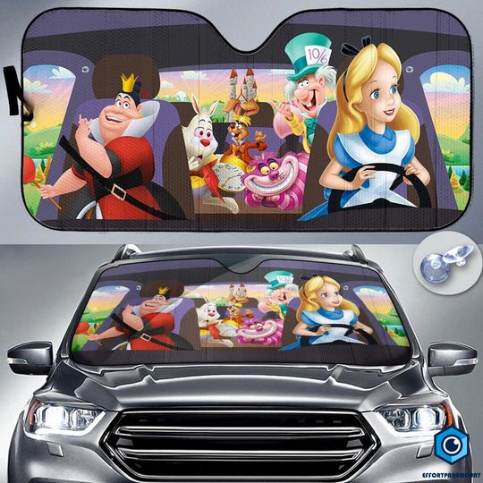 Alice In Wonderland Car Sun Shade, Mad Hatter Cheshire Cat White Rabbit Car Sun Shade