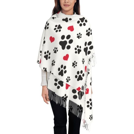 Dog Paw Cat Paw Scarf for Womens Winter Warm Pashmina Shawl Wrap Heart Love Print Long Scarves with Tassel Daily Wear