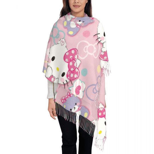 Womens Tassel Scarf Hello Kitty Sweet Long Winter Fall Shawl Wrap Daily Wear Pashmina Scarves